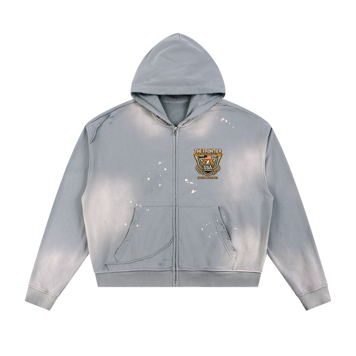 Sun Fade Frayed Raw Edge Fleece Zip Hoodie