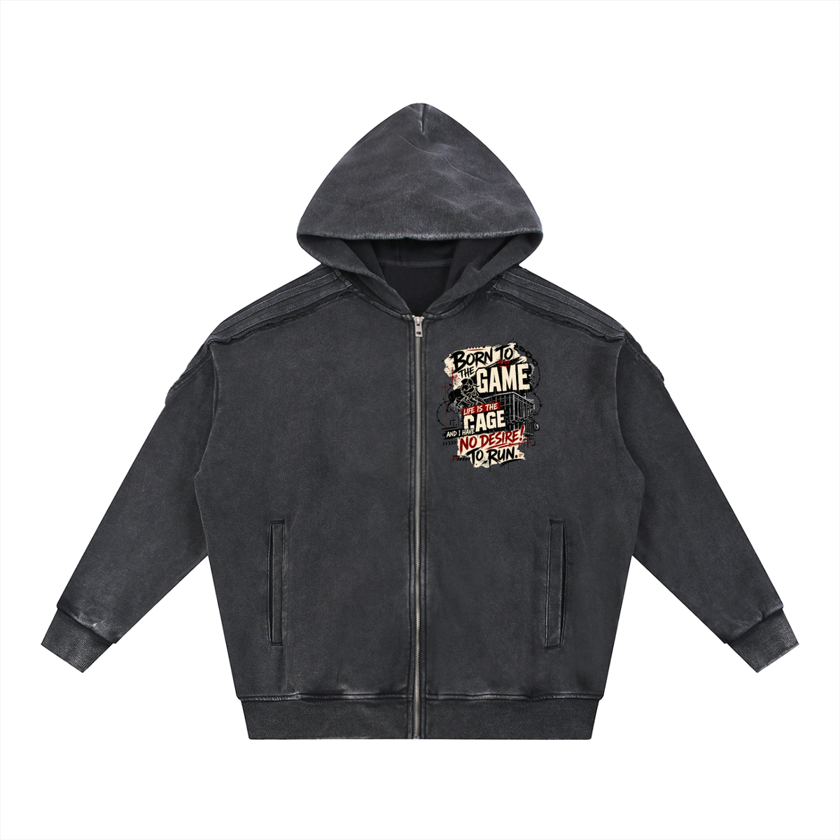 Snow Washed Tape Raw Edge Zip Hoodie