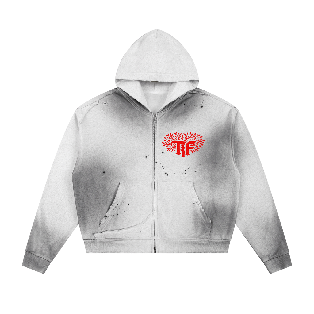 Sun Fade Frayed Raw Edge Fleece Zip Hoodie